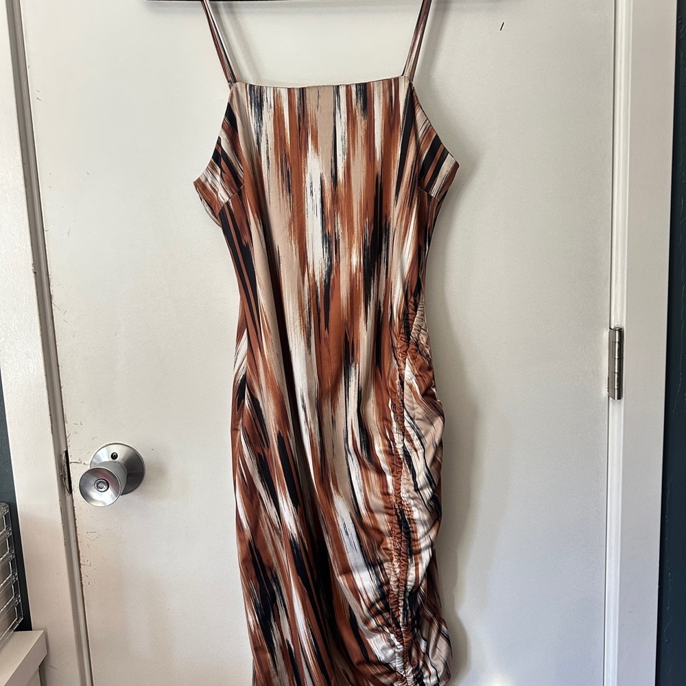 Madden NYC Side Ruched Tie-Detail Satin Slip Dress in Brown Multi - Picture 2 of 9